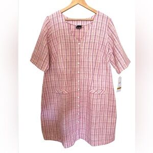 Maison Knit A-Line Dress Women's Sz 16 W Elbow Sleeve V-Neck Plaid Button Up